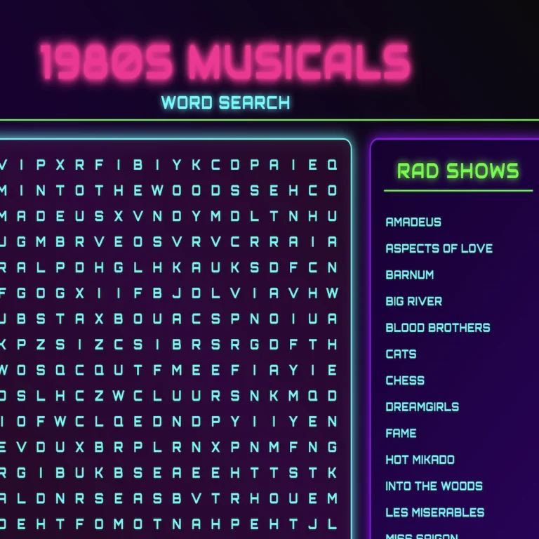 1980s Musicals Word Search Puzzle
