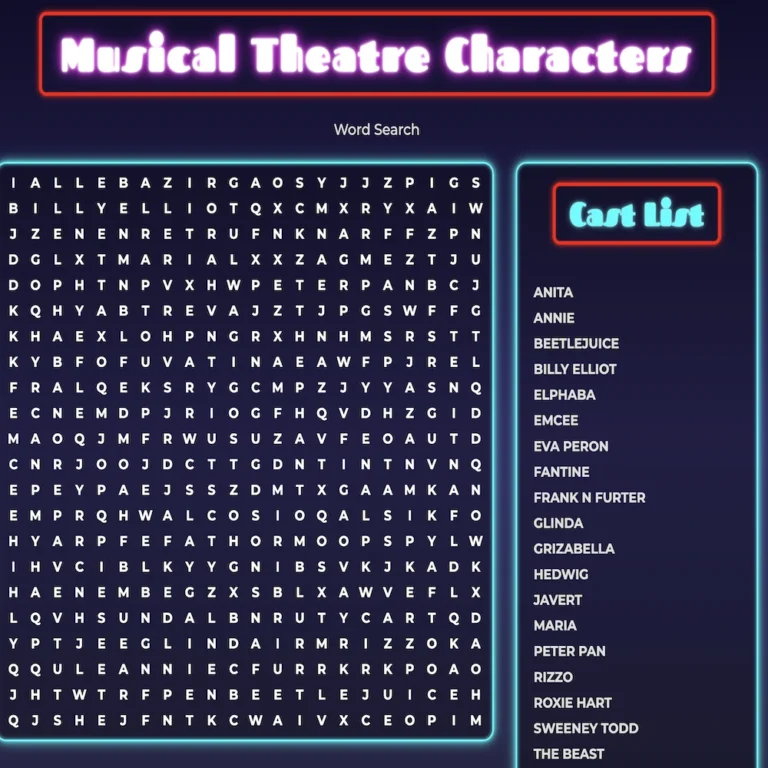 Musical Theatre Characters Word Search Puzzle