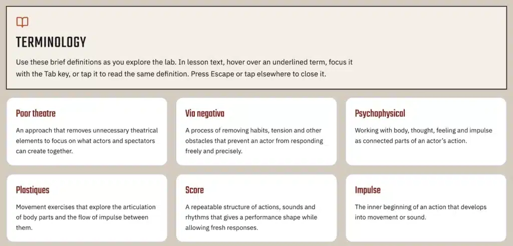 Poor Theatre Study Lab Glossary